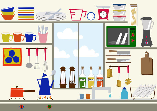 厨房的剪贴画。烹饪用具的剪辑艺术。日常必需品图标。材料收集。图片下载