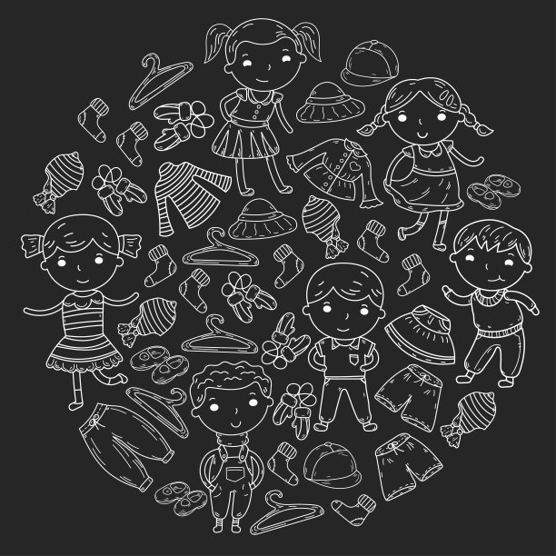 儿童服装套装。矢量图标。幼儿园。托儿所。工作室。学校的服装。夏天的衣服。孩子的商店图片下载