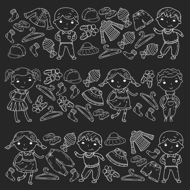 儿童服装套装。矢量图标。幼儿园。托儿所。工作室。学校的服装。夏天的衣服。孩子的商店图片下载