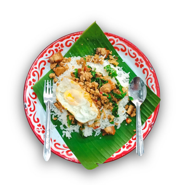 罗勒炒饭，猪肉末，香脆猪肉，大托盘煎蛋(泰国菜)图片下载