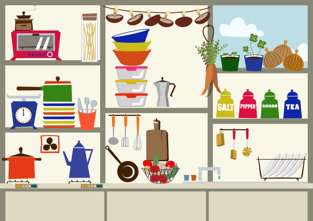 厨房的剪贴画。烹饪用具的剪辑艺术。日常必需品图标。材料收集。图片下载