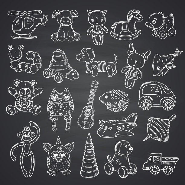 儿童玩具设置手绘和孤立在黑色黑板上素材图片