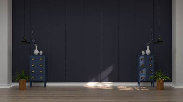 橱柜和台灯是在空房间前面的蓝色墙壁3D渲染现代中世纪室内木地板复古风格图片下载