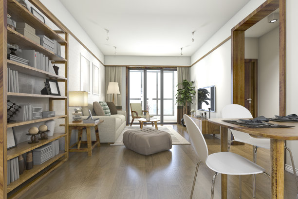 3d渲染木材斯堪的纳维亚客厅和餐厅图片下载