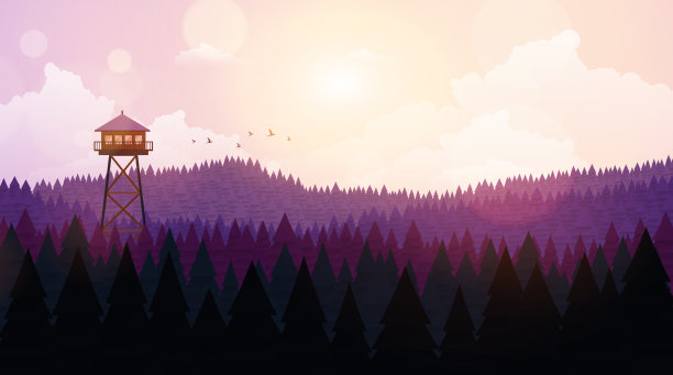 平面风格美丽的景观，自然公园插图，木制的观点建筑，消防瞭望塔。图片下载