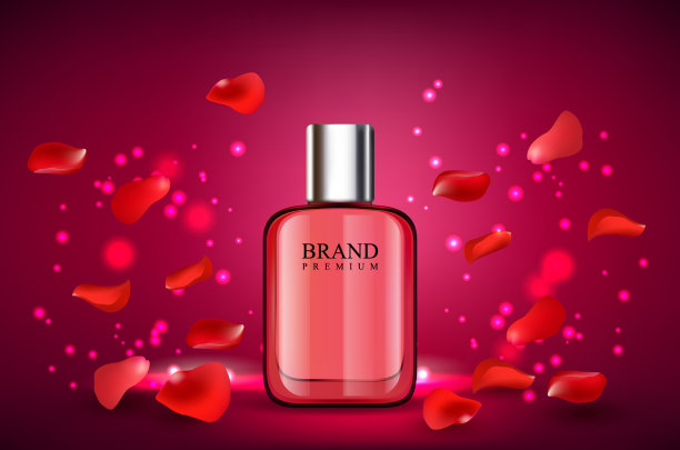 矢量插图的现实风格的香水在一个红色的背景与玫瑰花瓣玻璃瓶。很好的广告海报推广一种新的香味图片下载