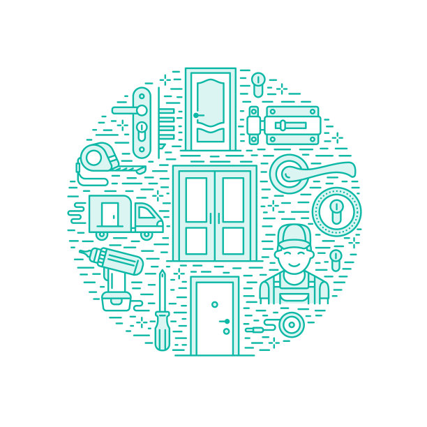 门安装、维修横幅插图。各种类型门的矢量线图标，门把手，插销，锁，铰链。圆形模板与细线形标志，用于家居装饰商店，勤杂工服务图片下载