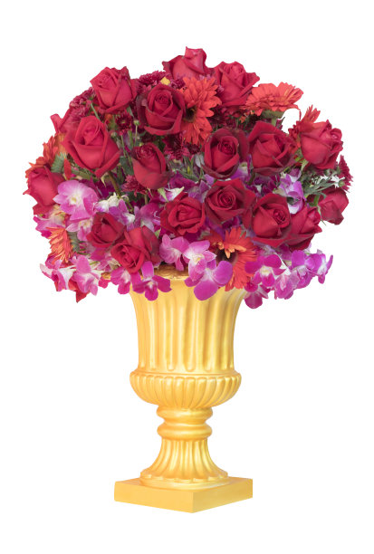 红玫瑰花束装饰在金壶孤立的白色背景图片下载