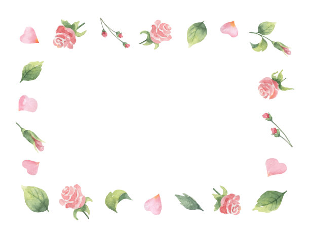水彩向量框架从绿色的叶子，花玫瑰和心孤立在白色的背景。图片下载