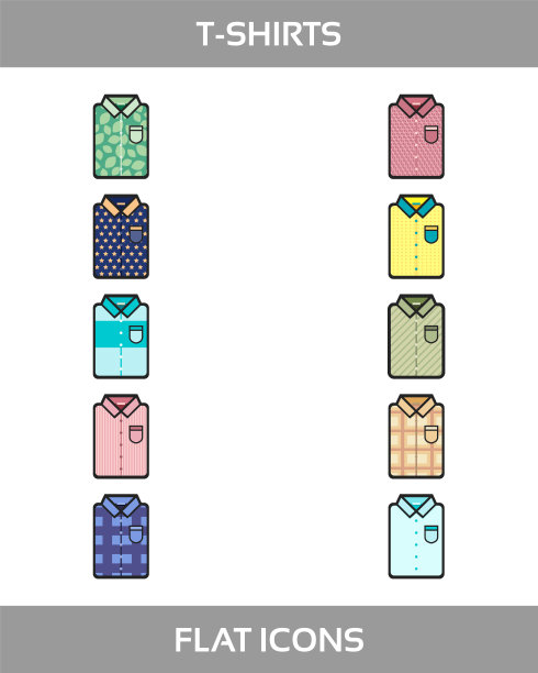 简单的一套衣服和购物矢量平面图标轮廓。包含这样的图标，如t恤的不同模式。图片下载