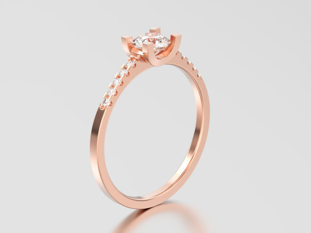 3D插图玫瑰金订婚圆形切割形状戒指与钻石图片下载