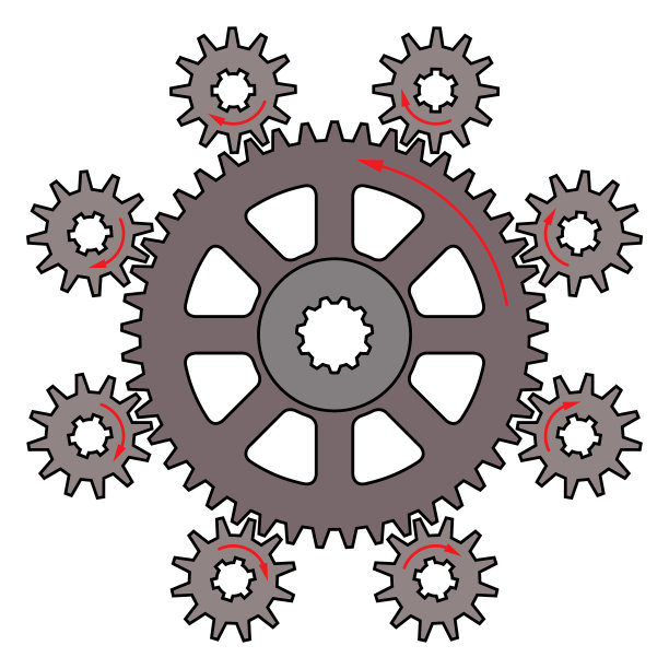 矢量插图的齿轮系和准确接触。一个驱动齿轮和八个从动齿轮图片下载