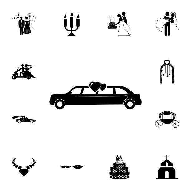婚礼车图标。一套婚礼元素图标。照片相机质量平面设计收集图标网站，网页设计，移动应用程序图片下载