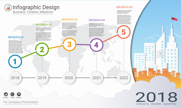 业务信息图模板，里程碑时间表或路线图与流程流程图5选项，战略计划，以定义公司的价值，在项目管理调度，以使事实和统计。图片下载