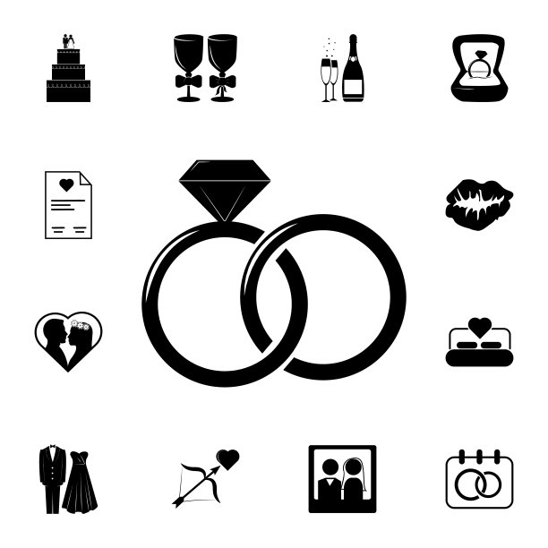 结婚戒指图标。一套婚礼元素图标。照片相机质量平面设计收集图标网站，网页设计，移动应用程序图片下载