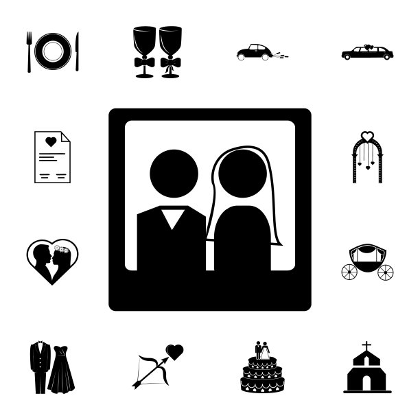 婚礼日期图标。一套婚礼元素图标。照片相机质量平面设计收集图标网站，网页设计，移动应用程序图片下载