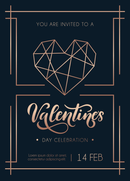 情人节玫瑰金请帖。海军蓝背景的极简情人节贺卡。图片下载
