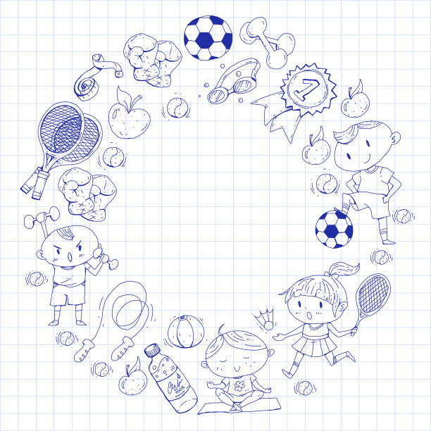 孩子的运动。孩子们画的。幼儿园，学校，大学，幼儿园。足球，足球，网球，跑步，拳击，橄榄球，瑜伽，游泳图片下载