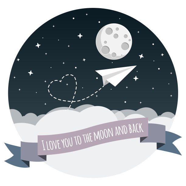 纸飞机与心和月亮平面设计图片下载