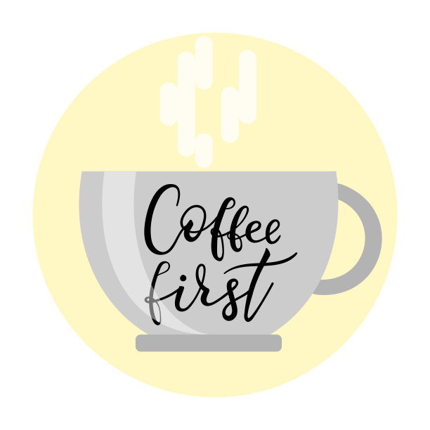 咖啡第一个字母在平坦的灰色杯与蒸汽在圆形黄色背景，鼓舞人心的矢量插图。能源、早餐图片下载