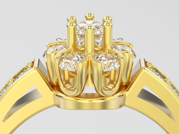 3D插图近距离黄金装饰花钻石戒指图片下载