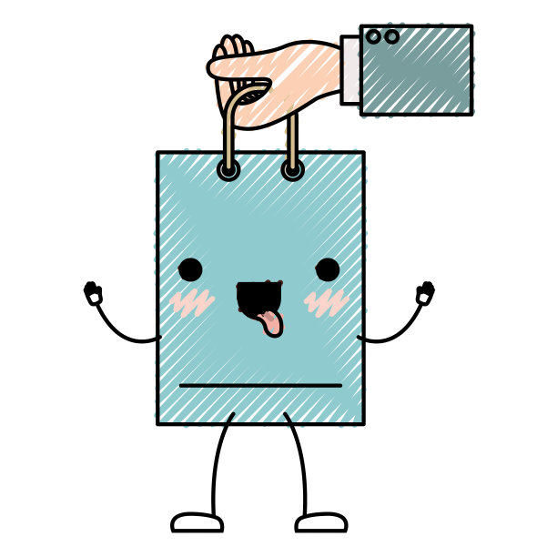 手握动画卡哇伊购物袋在彩色蜡笔剪影图片下载