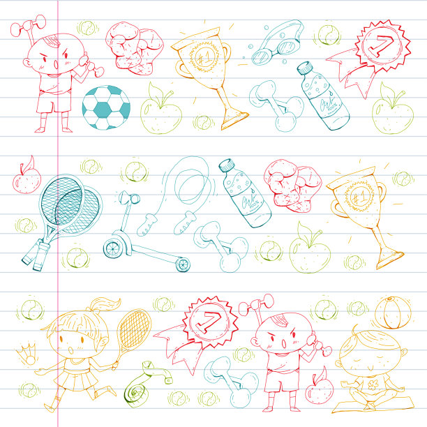 孩子的运动。孩子们画的。幼儿园，学校，大学，幼儿园。足球，足球，网球，跑步，拳击，橄榄球，瑜伽，游泳图片下载