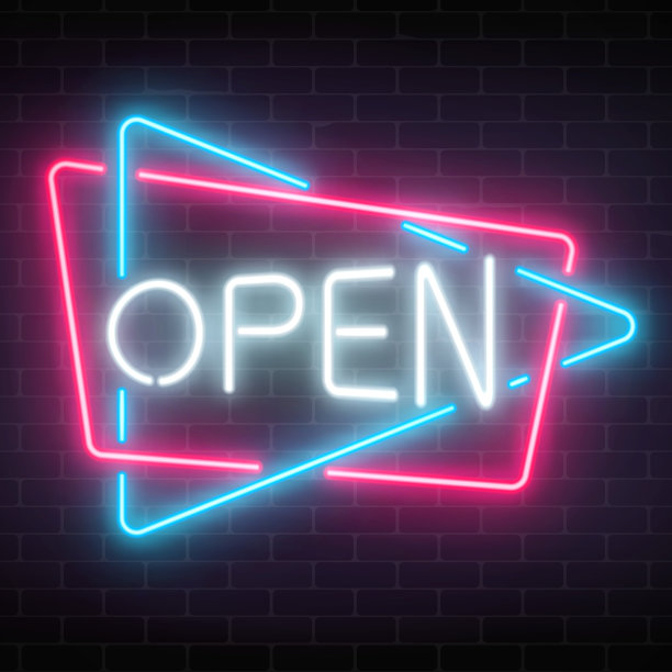 黑色砖墙背景上的三角形和矩形的霓虹灯招牌。昼夜不停的工作图片下载
