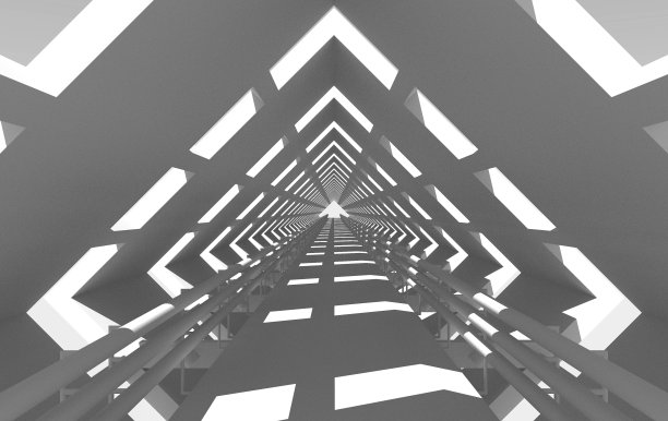 有天窗的隧道。桥的栏杆。建筑的幻想。抽象的架构。隧道尽头的光。黑白3D渲染。图片下载