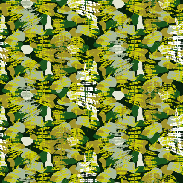 伪装斑点和蕨叶绿色无缝矢量图案图片下载