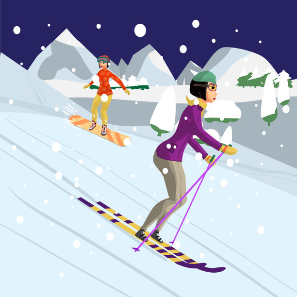 年轻漂亮的女人晚上在山上滑雪图片下载