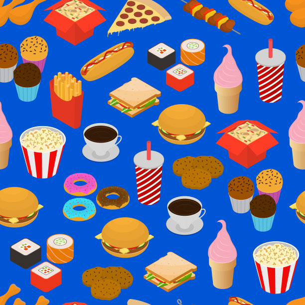 快餐无缝模式背景等距视图。向量图片下载