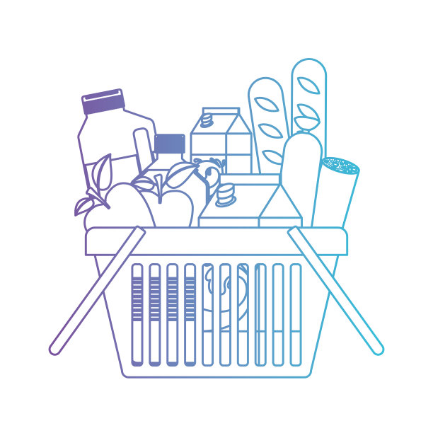 购物篮与食品香肠和面包，苹果和饮料，橙汁和水瓶和牛奶盒降解紫色到蓝色轮廓图片下载