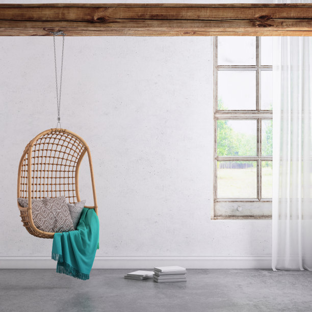 现代时尚的室内吊灯椅子窗户和窗帘与复制空间墙图片下载