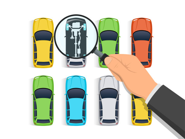 汽车诊断矢量图。手拿放大镜在一排汽车上图片下载