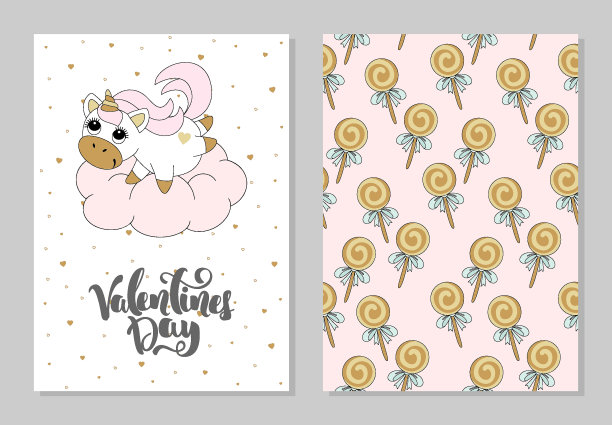 一套浪漫的贺卡情人节与可爱的独角兽。元素和文本。矢量插图。图片下载