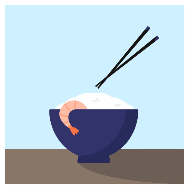 木桌上一碗大虾饭。矢量插图。亚洲食品。图片下载