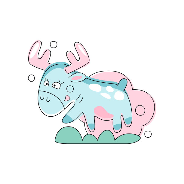 手绘的粉红色驼鹿在绿色草地上跳跃。线型的森林动物。概念儿童书。平面矢量设计的婴儿淋浴卡，打印或贴纸图片下载