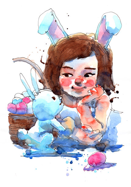 水彩水墨画《女孩与篮子》素材图片