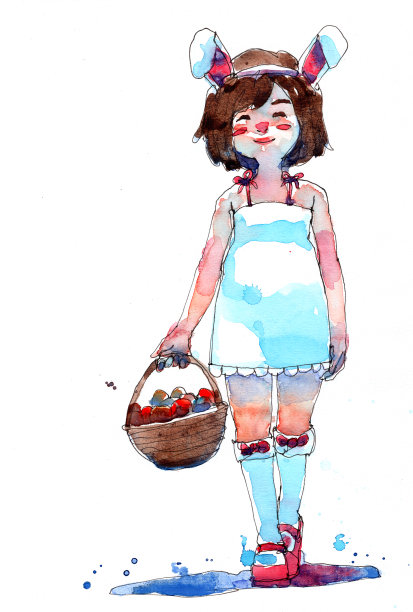 水彩水墨画《女孩与篮子》素材图片