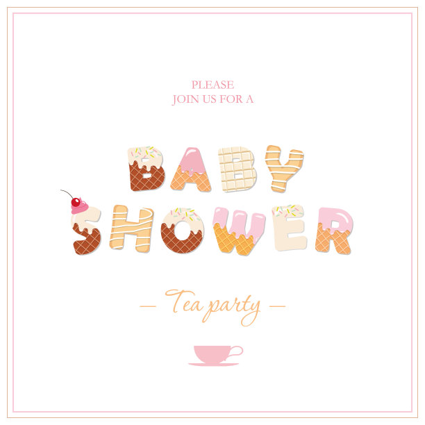 宝宝淋浴茶会邀请设计。柔和的粉色和米色的甜蜜装饰字母。女性化。图片下载