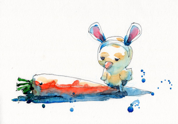 水彩手绘可爱兔子耳朵小鸡插画素材图片