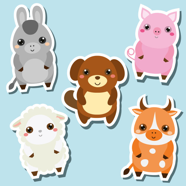 可爱可爱的农场动物贴纸套装。矢量插图。猪，狗，羊，牛图片下载