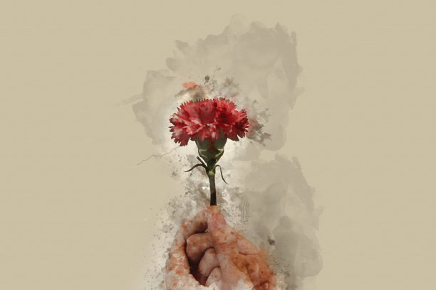 抽象的手握盛开的花朵在彩色的水彩画背景和数字插图画笔艺术。图片下载