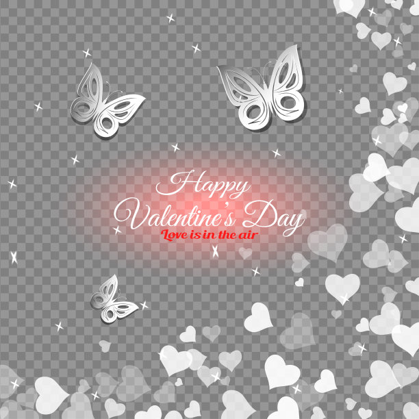 Vector情人节快乐透明的背景，红色的光芒在中心，切出蝴蝶和白色的心。图片下载