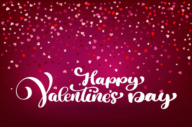 书法快乐情人节与心形粉红色和红色纸屑矢量情人节卡图片下载