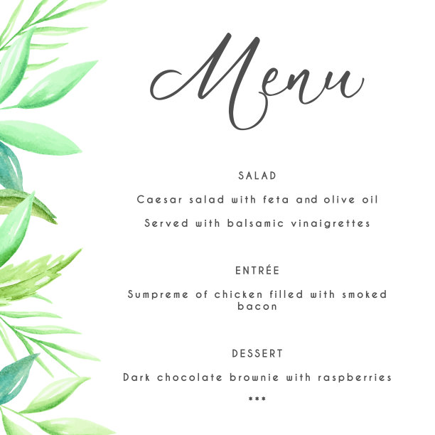 婚礼请柬，邀请菜单模板与手绘树叶图片下载