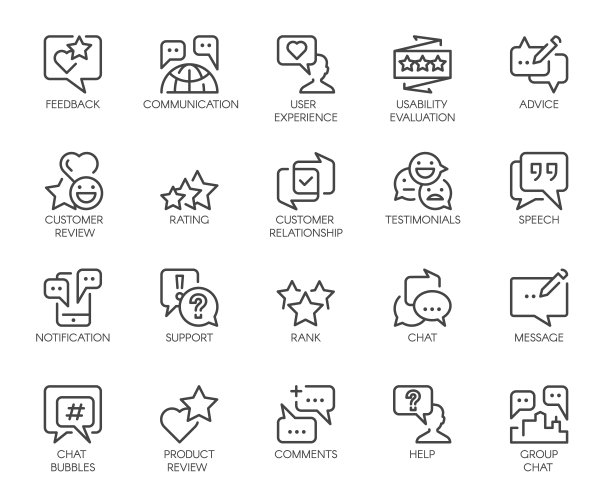 回顾行图标。大集合20轮廓象形图孤立在白色。评论或消息聊天框，可用性评估，交流，评级和其他符号。图形标志。向量的标签图片下载