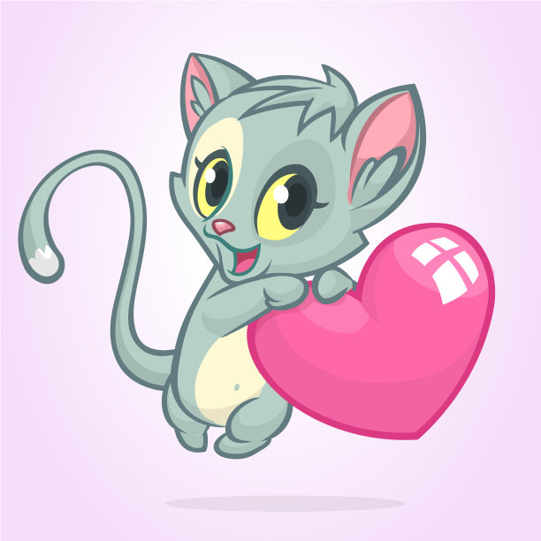 卡通有趣的小猫和抱着一颗心的爱。矢量插图为情人节。孤立的图片下载