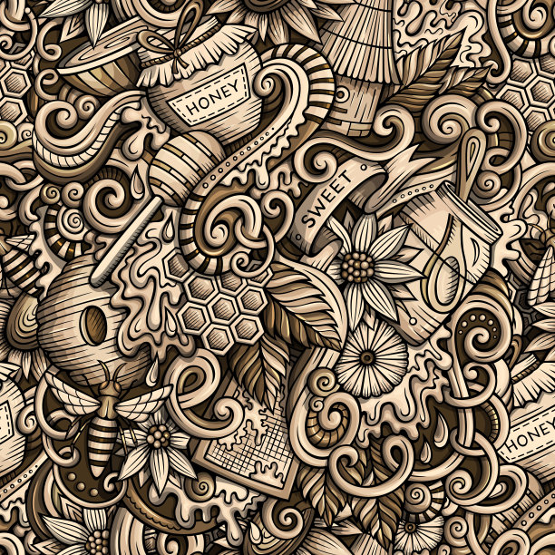 卡通可爱涂鸦手绘蜂蜜无缝图案图片下载